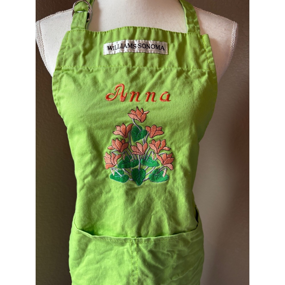 Williams Sonoma Lime Green Floral Embroidered Anna Bib Apron Cotton Made in USA
